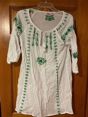 Christiane Celle Calypso Embroidered White Top with Green Floral Detail